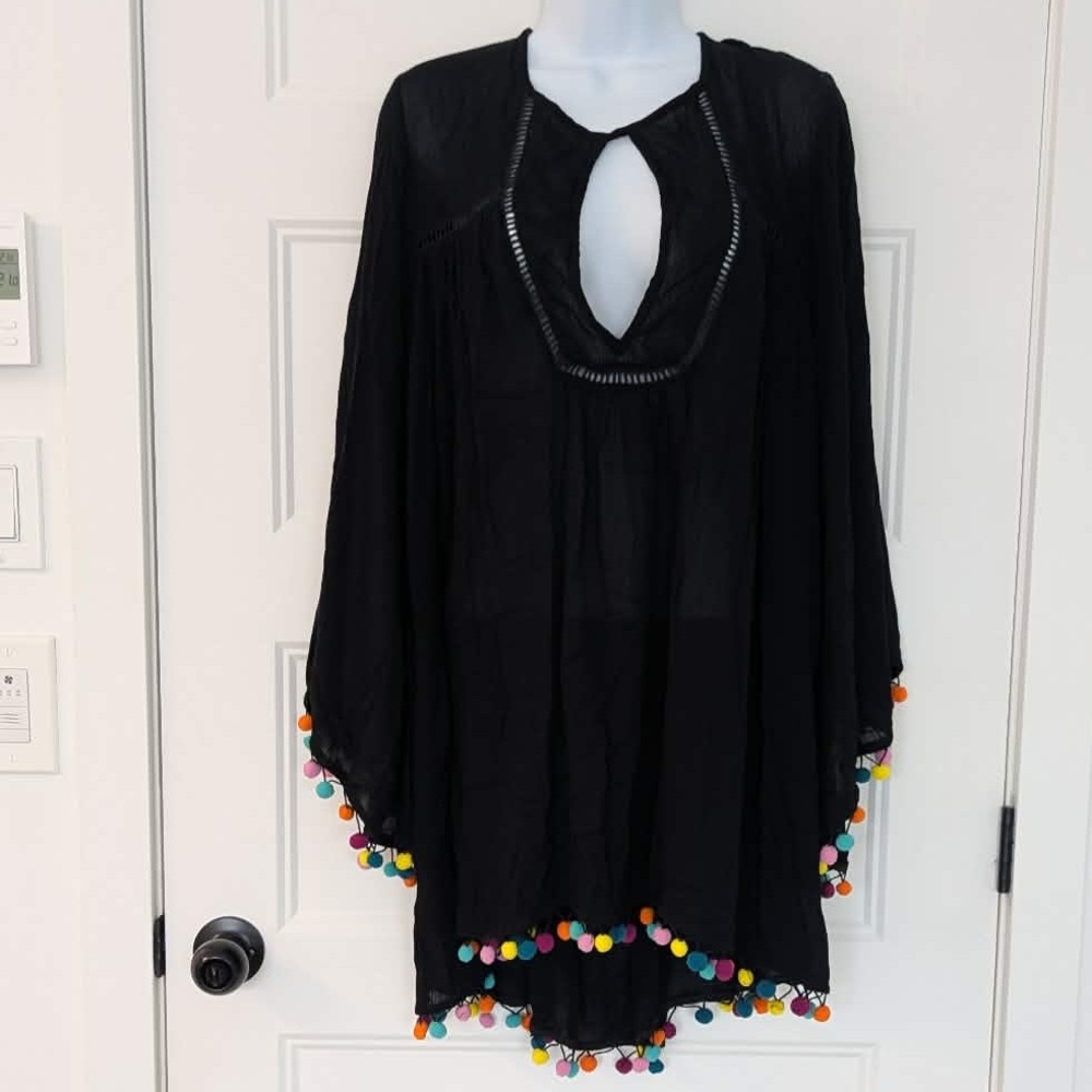 Nanette Lepore Black Pom Pom Tunic Swim Cover Up Open Back Tassel Size S